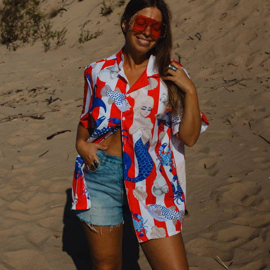 MERMAID CABANA STRIPE HAWAIIAN SHIRT