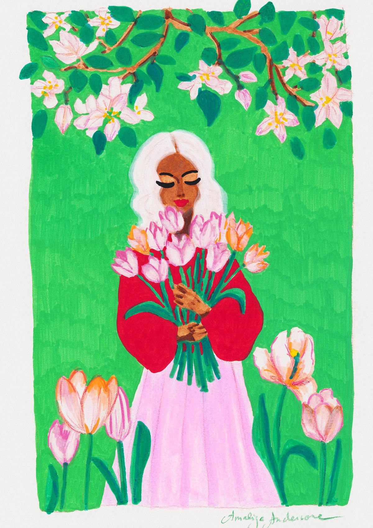 LAILA WITH TULIPS UNDER BLOOMING APPLE TREES